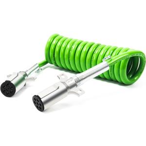 12ft 7 Way ABS Cord Coiled Electrical Power Cords Heavy Duty Green Coil Cable Power Wire for Semi Trucks Trailer Tractors