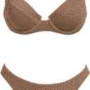 VOLAFA Women's Triangle Bikini Set Textured Push Up Underwire Solid Cheeky Two Piece Swimsuit Bathing Suit (Large, Coffee)