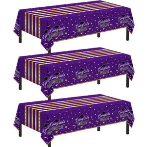 Childom 3 Pack Graduation Tablecloth,Graduation Decorations Class of 2026 Graduation Party Decorations,54"x108" Purple and Gold Plastic Table Cloth Disposable Rectangle for Home,School,Party Supplies