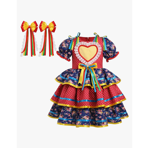 IBTOM CASTLE Toddler Girls Festa Junina Dress Floral Short Puff Sleeve Ruffle Tiered Dress+Bowknot Headband Carnival Costume, 2-3 Y