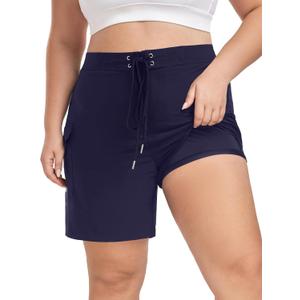 FOREYOND Women's Plus Size Board Shorts Quick Dry Swim Shorts High Waisted Swim Pants with Pockets Liner Trunks (3X-Large Plus, Navy)