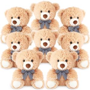 Jenaai 8 Pack 10 Inch Bear Stuffed Animals Bulk Cute Soft Christmas Stuffed Bear Plush Toys with Plaid Bows Sleeping and Playing Toys for Kids Girls Boys Birthday Wedding Baby Shower(Black, White)