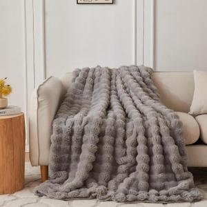 COOVA Faux Fur Throw Blanket for Couch, Cozy Soft and Fuzzy Plush Rabbit Fur Bubble Blanket for Sofa Bedroom Living Room, 50x60 Inches Grey