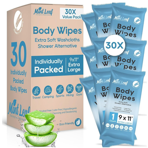 XL Deodorizing Body Wipes | Men's Extra Soft Washcloths Shower Alternative | Great for Workout Travel Gym Camping | 30 Individually Wrapped Shower Wipes | with Vitamin E Aloe Scent