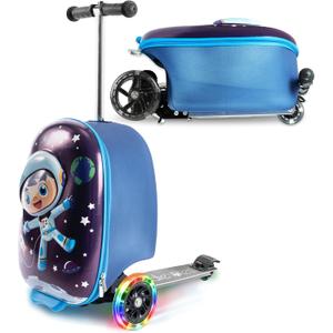KIDDIETOTES 3-D Hardshell Luggage Scooter for Kids - Lightweight Rideable Luggage for Kids - Fits in Overhead Bins - LED Light Up Wheels