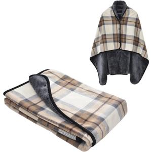 forestfish Fleece Wearable Blanket, Plaid Lap Blanket Comfy Poncho Throw with Buttons for Bed Sofa Office, Mocha,  Medium(55"x39")