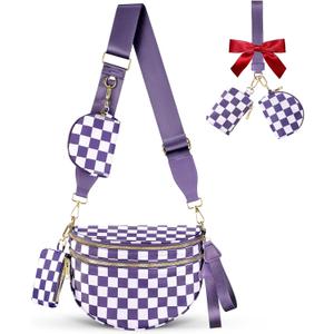 Cross Body Bag for Women Checkered Crossbody Bags Bum Bags for Women Fanny Packs for Girls Small Nylon Checkered Purse Trendy Shoulder Bag (Checkered Purple, One Size)