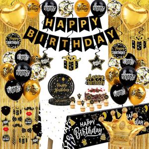 Black and Gold Birthday Decorations - Party Supplies Kit with Tablecloth, Paper Plates, Photo Props, Crown Foil Balloon, Fringe Curtains, Cake Toppers and Banner for Men Women 18th 21st 30th 40th 50th