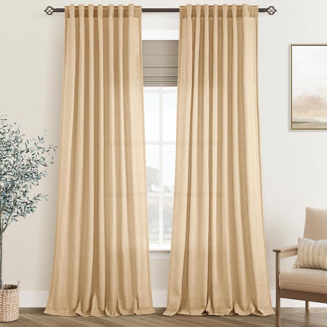 Tan Linen Curtains 84 inches Long for Living Room Back Tab Rustic Farmhouse Semi Sheer Light Filtering Window Curtain Dining Room Soft Thick Flax Linen Textured Drapes Kahki 52x84