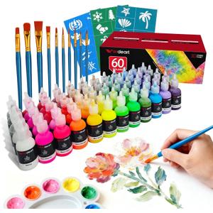 60 Color Fabric Paint Set 3D Puffy Permanent Textile Paint for T-Shirts, Jeans & Crafts with 10 Brushes, Palette and 3 Stencils