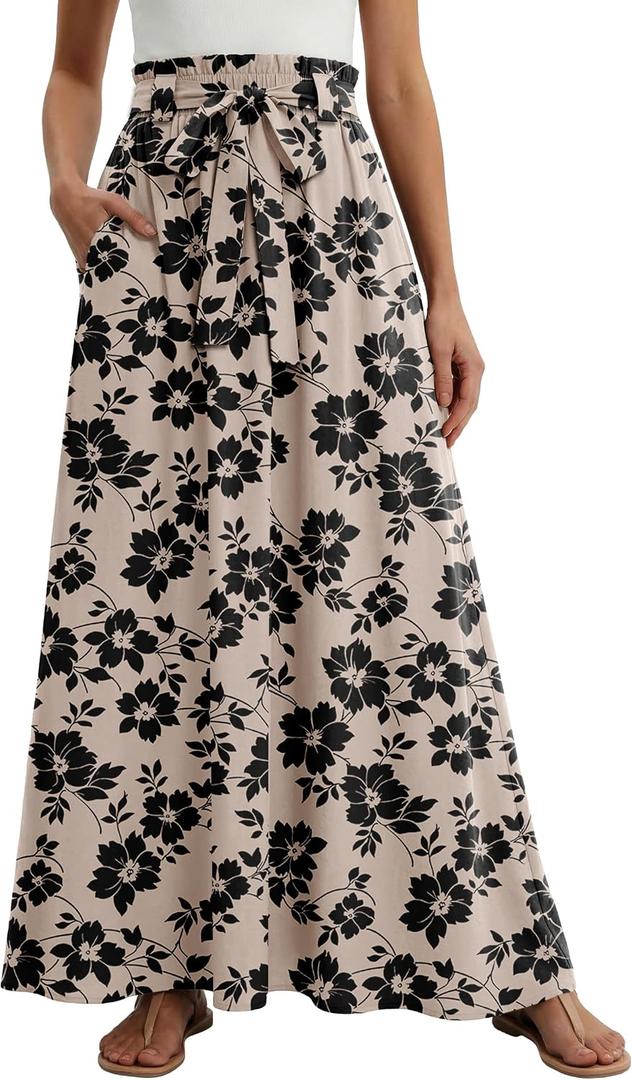 Lepunuo Women Flowy Maxi Skirts Paper Bag High Waisted Long Skirts with Pockets Summer Casual Tie Waist A-Line, XX-Large