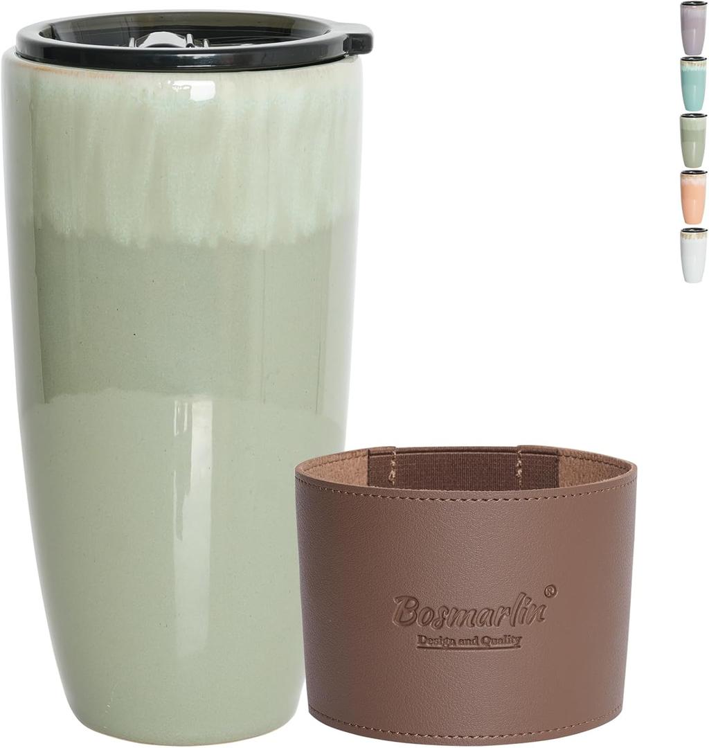 Bosmarlin Ceramic Travel Coffee Cup with Lid, 21 oz, Portable Coffee Mug for Car Cup Holder, Microwave Safe, Reactive Glaze (Pale Green)