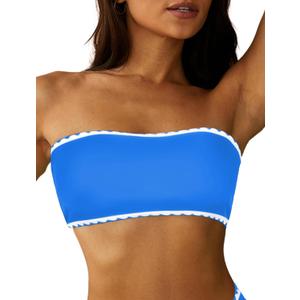 ZAFUL Women Textured Bandeau Bikini Top Lace up Strapless Swimsuit Solid Color High Cut Bathing Suits Top Only (Small, 1-2haze Blue)