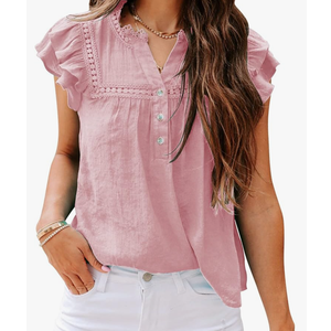 PRETTODAY Women's V Neck Lace Crochet Shirts Button Down Short Sleeve Casual Blouse Tops, Small