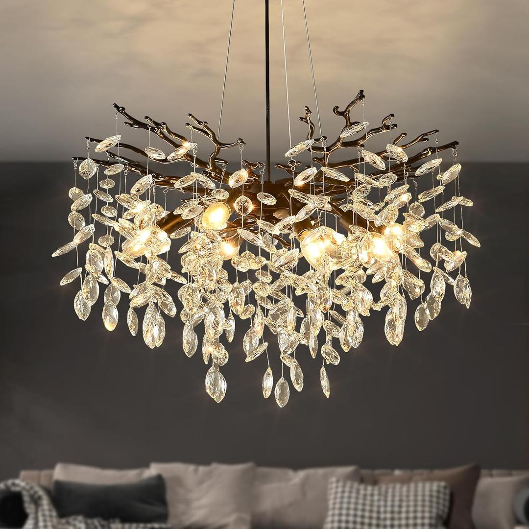EGM Black 24 Inch Tree Branch Crystal Chandelier, Modern Raindrop Crystal Ceiling Light Fixtures 8-Light(E12), Hanging Round Chandeliers for Dining Room Living Room Bedroom Foyer EGM Black 24 Inch Tree Branch Crystal Chandelier, Modern Raindrop Crystal Ceiling Light Fixtures 8-Light(E12), Hanging Round Chandeliers for Dining Room Living Room Bedroom Foyer