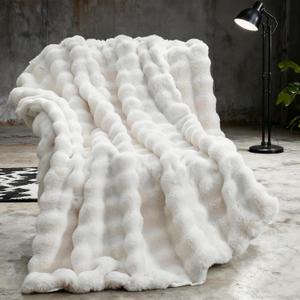 Faux Fur Throw Blanket for Couch, Soft Fuzzy Plush Thick Bubble Rabbit Fur Blanket for Sofa Bedroom Living Room, 60 * 80 Inches Cream White