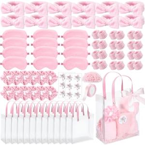 Suncalla 76 Pcs Spa Sleepover Party Supplies, 12 Pink Bow Headbands, 12 Eye Masks, 12 Velvet Scrunchies, 12 Transparent Bags, 24 Wristbands, 1 Pink Ribbon for Women's Pajama Party favor
