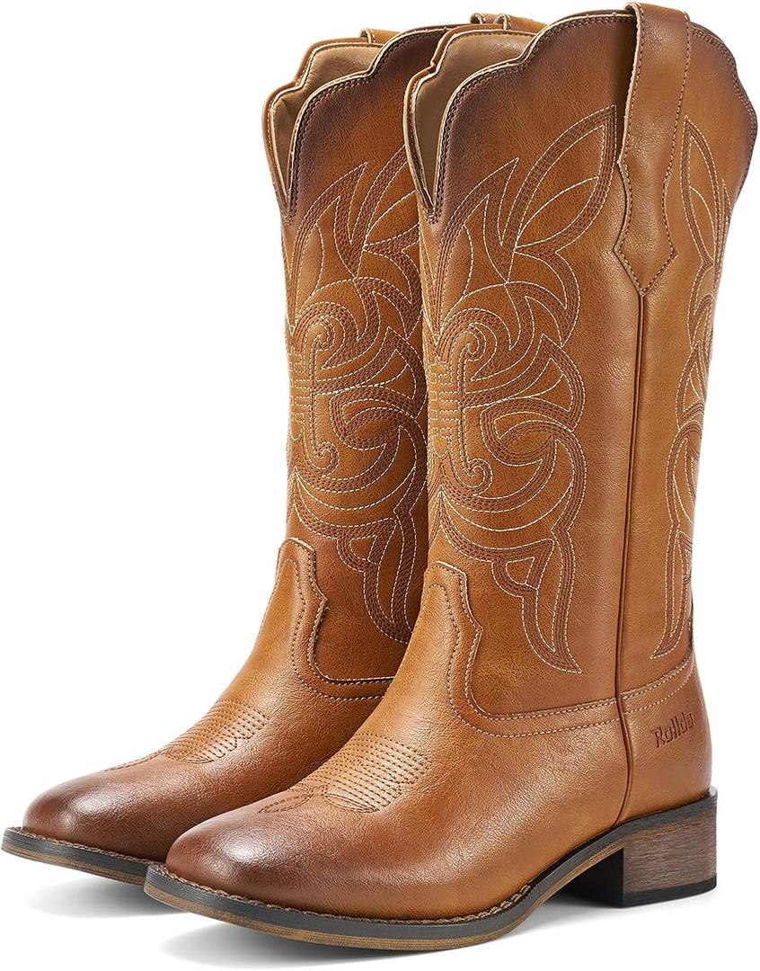 Rollda Cowgirl Boots Cowboy Boots for Women Square Toe Mid Calf Western Boots Ladies Fashion Boots with Chunky Heel (8, Brown)