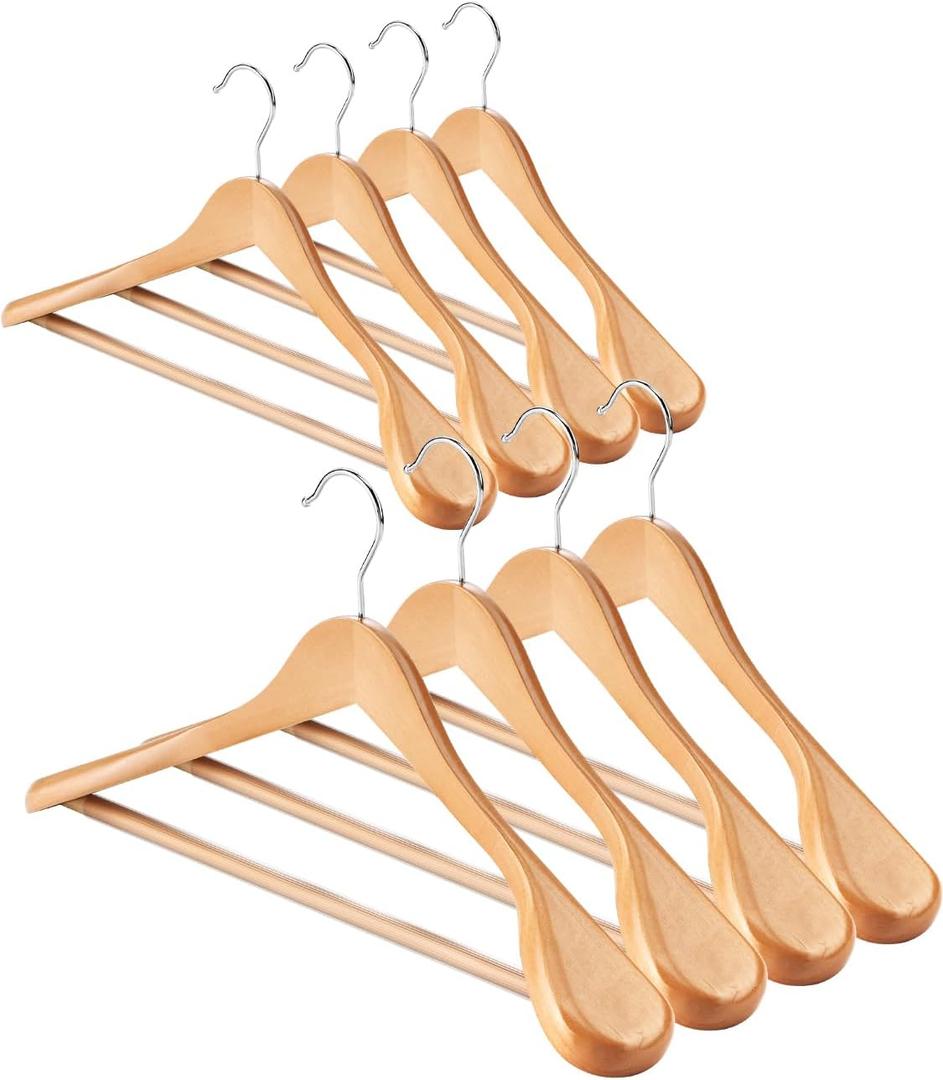 AMKUFO Wide Shoulder Wooden Hangers 8 Pack Coat Hanger with Non Slip Pants Bar, Heavy Duty Suit Hanger Wood Clothes Hangers with Smooth Finish 360 Swivel Hook for Sweater Jackets Shirts Natural