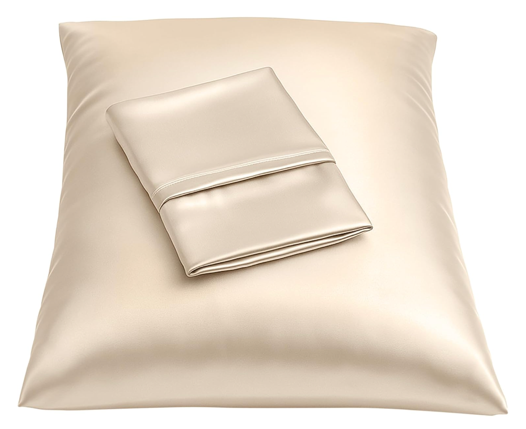 Satin Pillowcase with Zipper, for Hair and Skin Care, Feels Soft and Cool Like a Silk Pillowcase, Satin Pillow Cases 2 Pack, Slik Pillow Cover, Light Beige - Queen Size, Set of 2