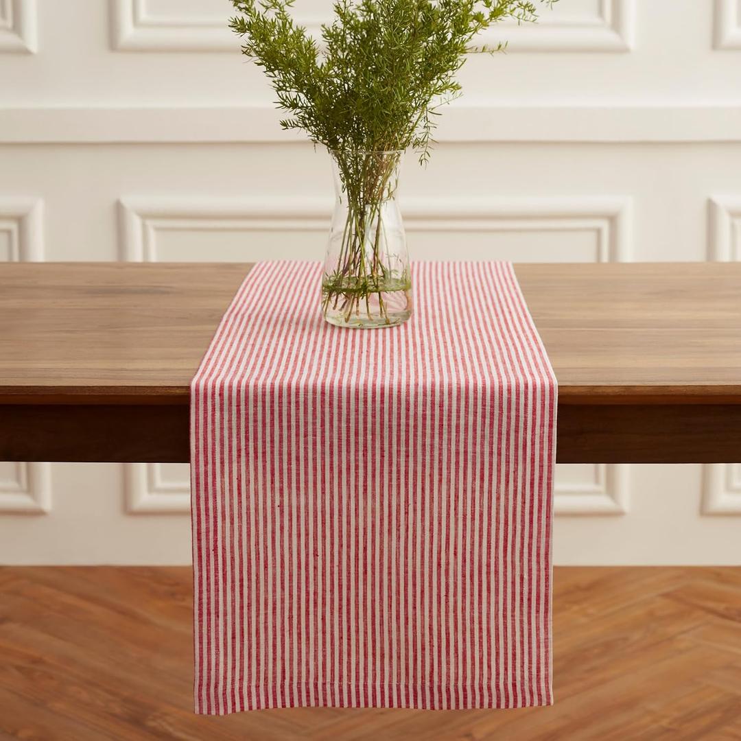 Solino Home 100% Pure Linen Table Runner 14x72 Inch - Narrow Stripe Red and White Cloth Runner 72 Inches Long for Dining Table, Dresser - Machine Washable - 4th of July