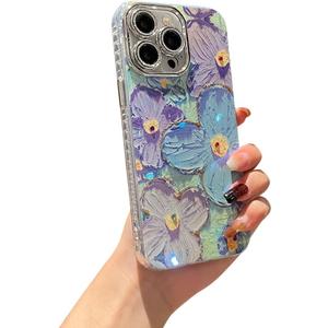 Elzzi Compatible with iPhone 16 Pro Case Laser Flower Oil Painting Cute Colorful Blue Ray Bumper with Full Camera Protection Shockproof PC+TPU Glossy Shiny Cover for Girls Women, Green