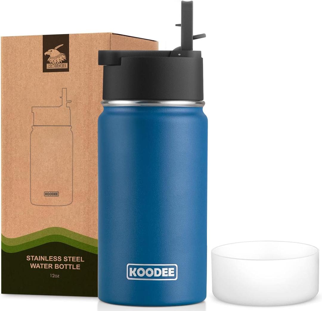 koodee Small Water Bottle -12 oz Stainless Steel Vacuum Insulated Water Bottle BPA Free, Boy Water Bottle for School Wide Mouth Flask (Navy)