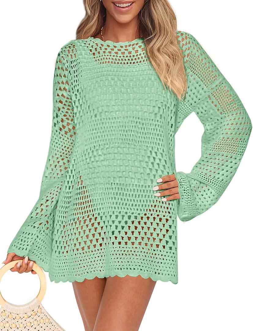 PRETTYGARDEN Women's 2025 Swimsuit Cover Ups Crochet Knit Bathing Suit Swimwear Summer Dresses Fashion Beach Vacation Clothes (Green, XXL)