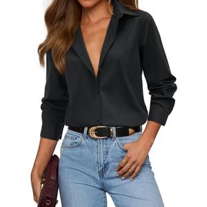 siliteelon Womens Button Down Shirt Dress Shirt Collared Long Sleeve Cotton Blouse Dressy Casual Button Up Work Office Shirt (Black, XL)