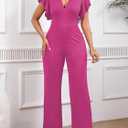 Jumpsuits for Women Casual Summer Rompers Deep V Neck Ruffle Short Sleeve Wide Leg Outfits for Women (Pink, XL)