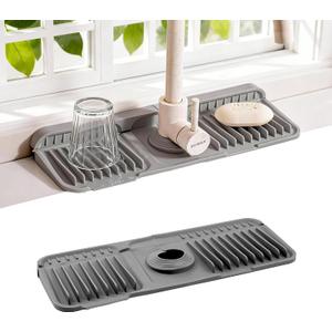 3 x ZJWZLG Faucet Mat for Kitchen Sink, 14"X5.5" Silicone Sink Splash Guard with Soap Holder, Snap-On Design & 7slope Fast Drain, Folding Sink Faucet Mat for Universal Kitchen Bathroom SinkGrey