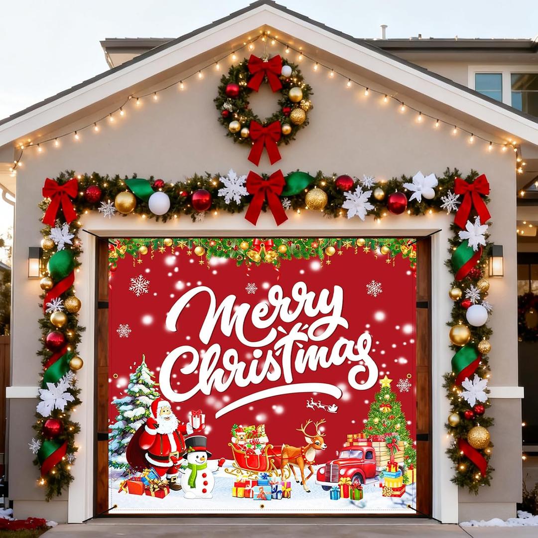 Christmas Decorations Garage Door Cover, Large Hanging Xmas Wall Decorations Christmas Banner for Outdoor Home Yard Garage Door Decorations Party Photo Backgrounds (7X8Ft, Red)