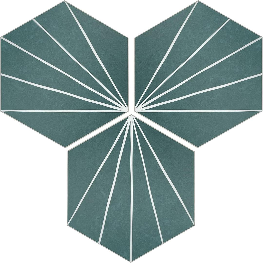 INNO STICKERS 45-Sheet Peel and Stick Backsplash Tile Sticker, 6" x 7" Green Art Deco Hexagon Flower Vintage Self-Adhesive Wall Tile for Kitchen Bathroom Shower Living Room, Covers 10 Sq. Ft. (Emerald)