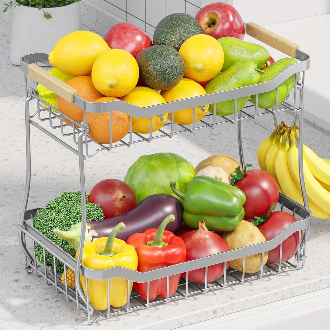 Fruit Basket for Kitchen Counter - 2 Tier Detachable Fruit Vegetable Basket with Banana Hanger, Metal Countertop Fruit Stand with Wooden Handle, Silver, 8.5" D x 12.4" W x 12.3" H