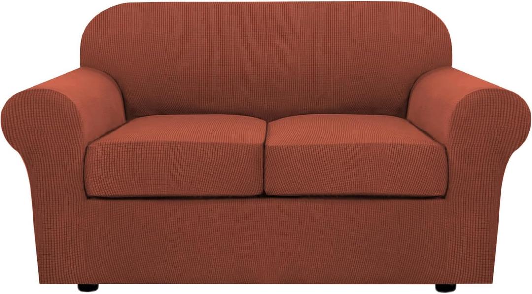 H.VERSAILTEX 3 Piece Stretch Sofa Covers for 2 Cushion Loveseat Couch Covers for Living Room Sofa Slipcovers (Base Cover Plus 2 Seat Cushion Covers) Thicker Jacquard Fabric(Medium Sofa, Rust)