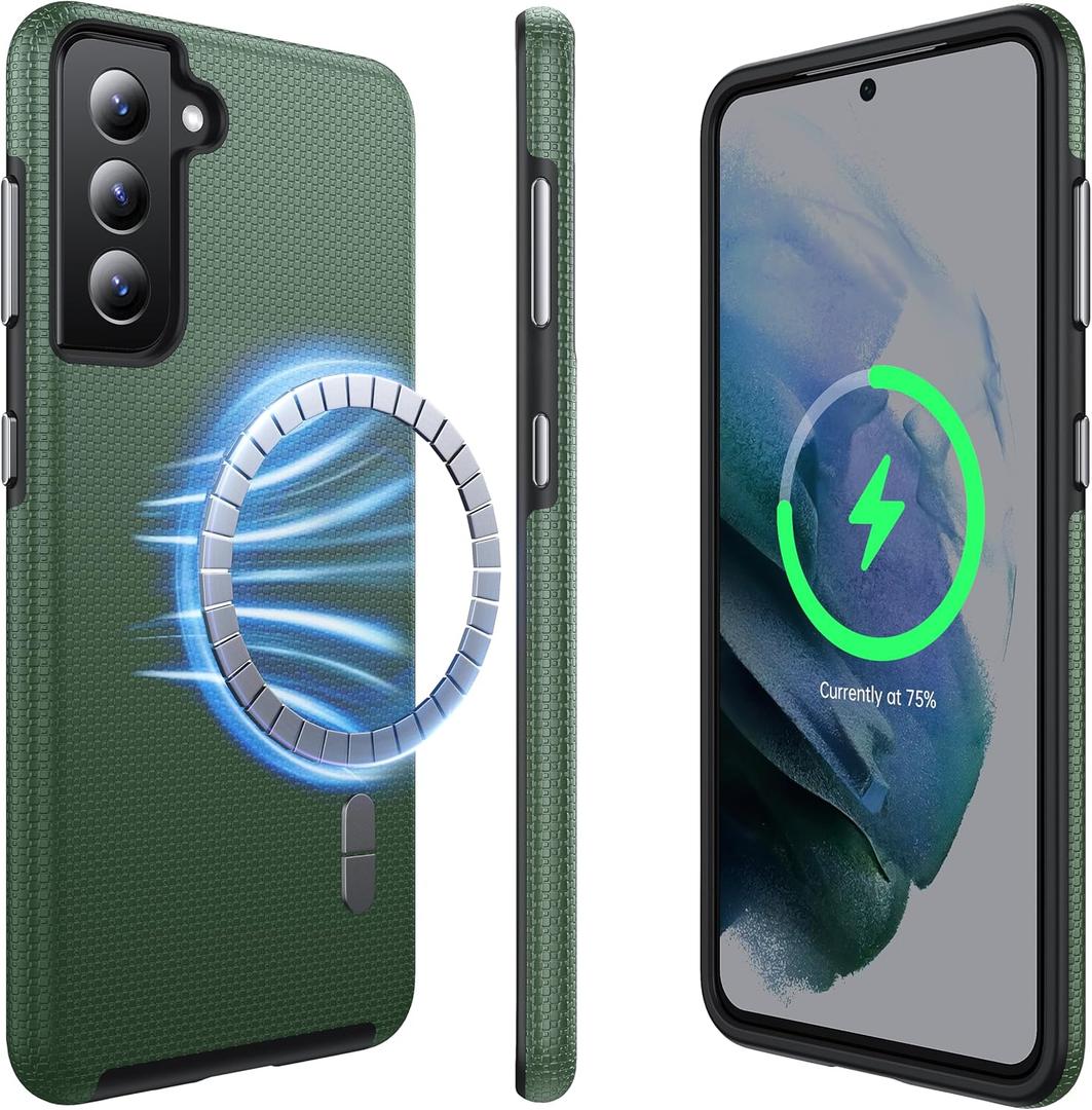 Strong Magnetic for Samsung Galaxy S21 Case Compatible with MagSafe [2024 Upgraded] [Dual Layer Heavy Duty] [Military Shockproof] Rugged Case for Samsung Galaxy S21 Phone Case Slim, Forest Green