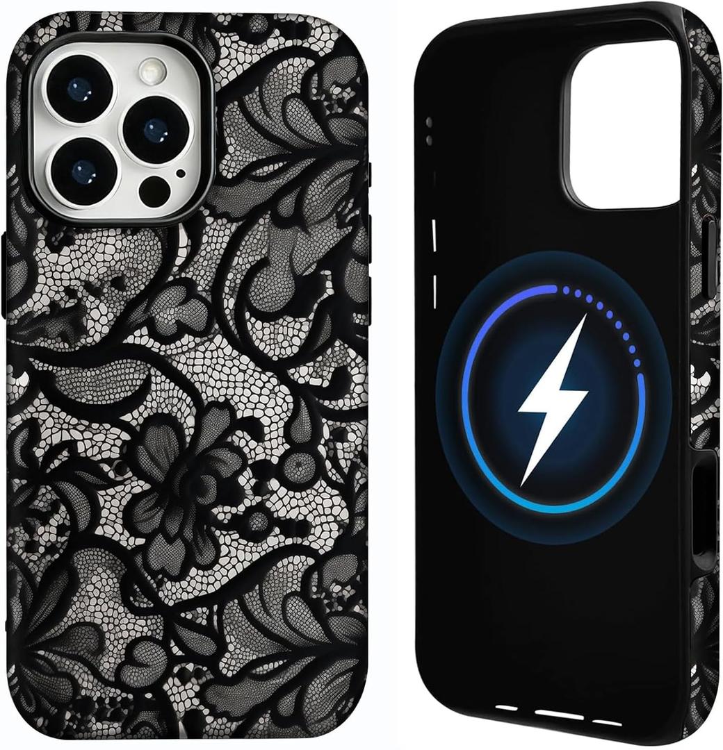 for iPhone 16 Pro Case [Compatible with Magsafe] Lace Phone Case Vintage Floral Flower Dual-Layer Protective Shockproof Magnetic Cover for Women Girls - Black