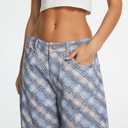 Women's Printed Barrel Jeans Wide Leg Baggy Denim Pants Mid Rise Boyfriend Plaid Pants Y2k Distressed Trousers Deepblue (US 26)