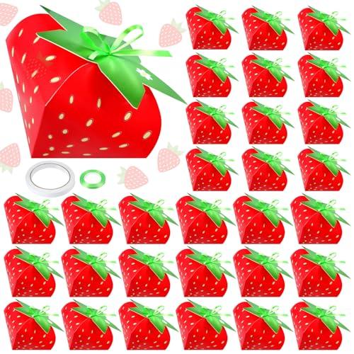 Fuyoooo 30 Pcs Strawberry Party Favor Treat Boxes Strawberry Birthday Party Gift Boxes for Girls Kids Sweet Fruit Candy Box with Ribbon for Birthday Decoration Baby Shower Supplies(Red)