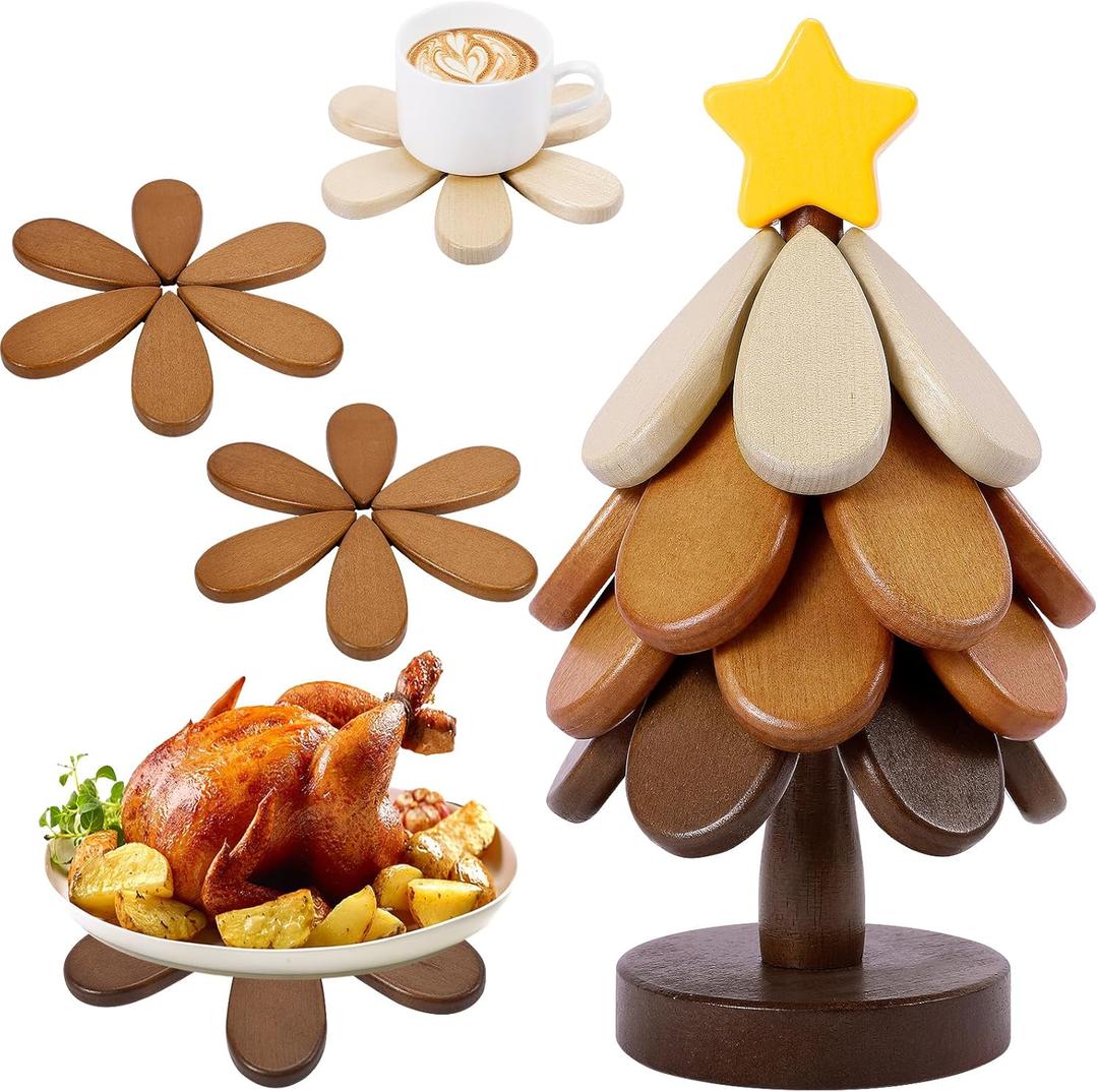 Wooden Tree Trivets for Hot Dishes, Christmas Tree Shape Trivet Set of 4 for Hot Pot Pans, Wood Coasters for Bowls Teapots Drinks Plates, Home Table Decor(Walnut Wood)