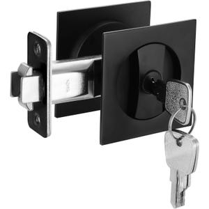 Cozy Tower Pocket Door Lock with Key, Pocket Door Hardware Square Door Lock for Privacy Sliding Door Bifold Door Locks Pocket Door Pull Handles Replacement Hardware (Matte Black)