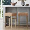 Nathan James Harvey Rattan Bar Stool, Bohemian Counter Height Stool with Woven Seagrass Seat, Solid Wood Legs, and Metal Footrest Seagrass/Brushed Gray