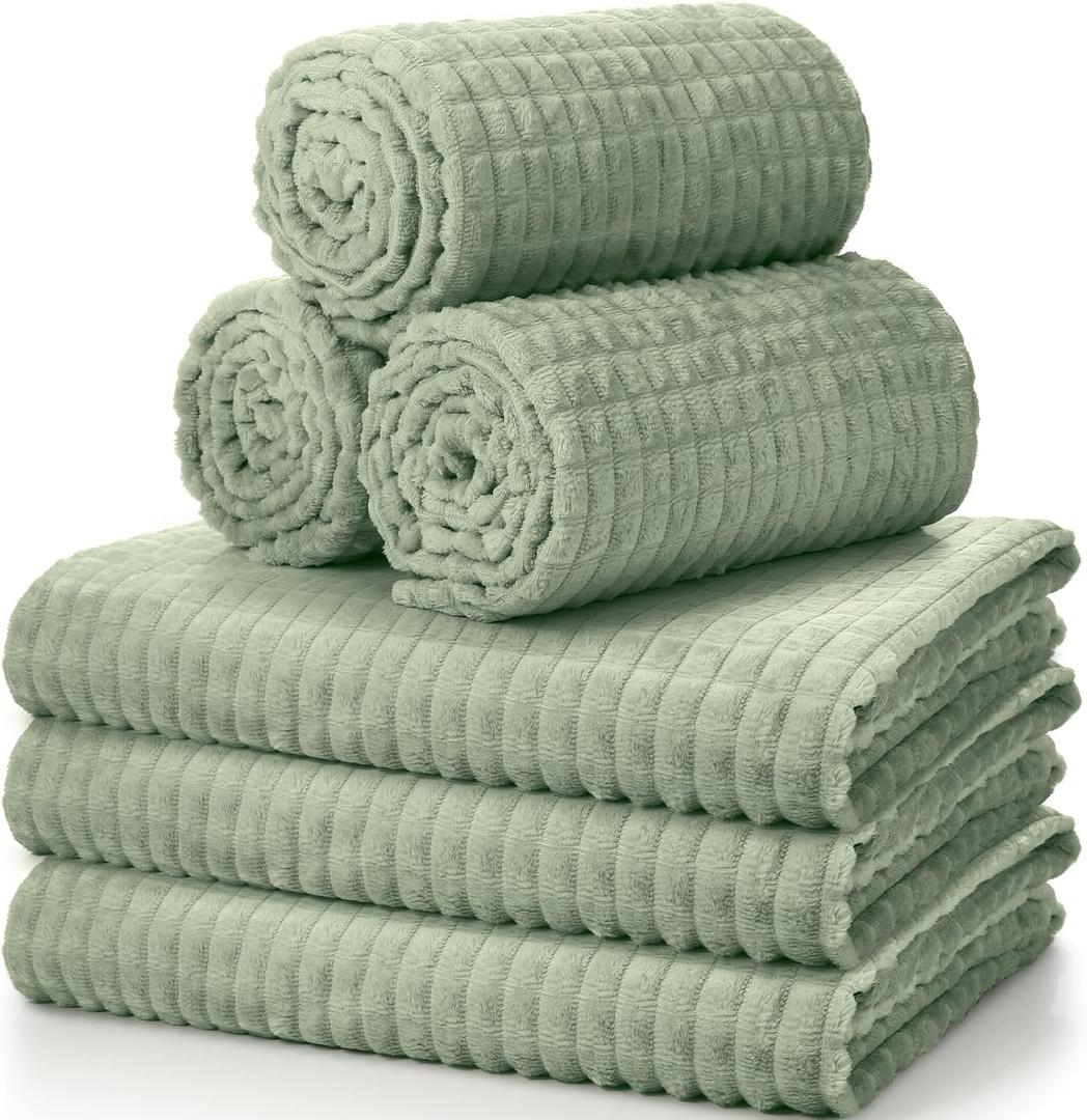 Buryeah 6 Pcs Flannel Fleece Throw Blanket Bulk 50 x 60 Inch Wedding Throw Blanket 3D Jacquard Grid Design Soft for Couch Sofa Chair Donation Homeless Gift (Sage Green)