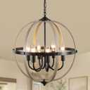 17.12'' Farmhouse Wood Chandelier 6 Light, Orb Chandelier Metal Rustic Globe Pendant Light, Faux Wood Texture Adjustable Hanging Ceiling Light Fixtures for Kitchen, Dining Room, Foyer Hallway
