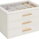 GUOER Jewelry Box for Women, Glass Lid Jewelry Organizer with 3 Drawers PU Jewelry Storage Case for Necklaces Rings Earrings Bracelets, White