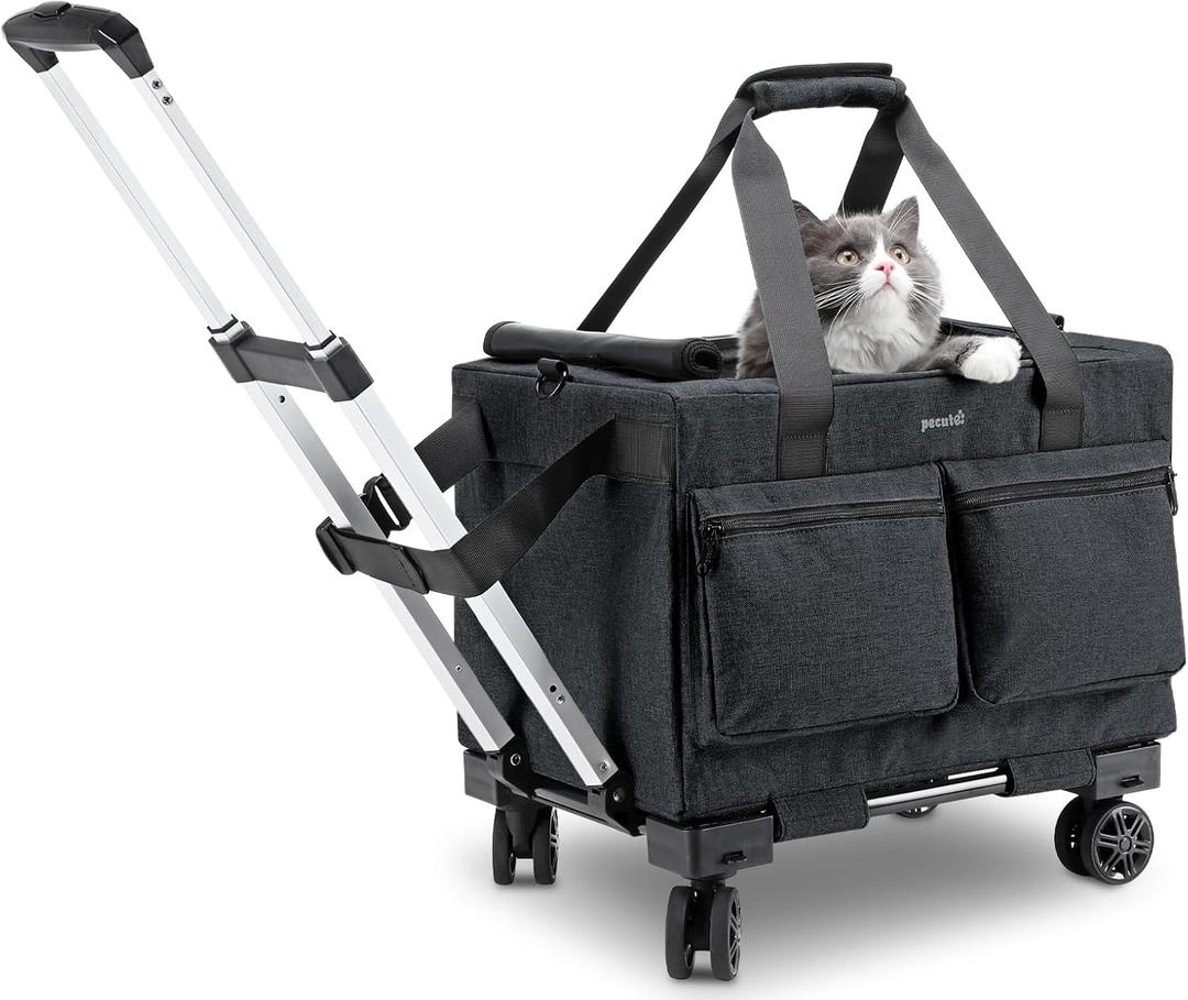 Pecute Cat Carrier with Wheels,Steel Wire Frame Cat Carrier, Stable Pet Trolley Bag for Cats, Pet Handbag and Stroller, Portable Cat Carrier Bag for Car Travel Bus Subway, Dark Grey (17.3"L x 11.7"W x 11.4"H)