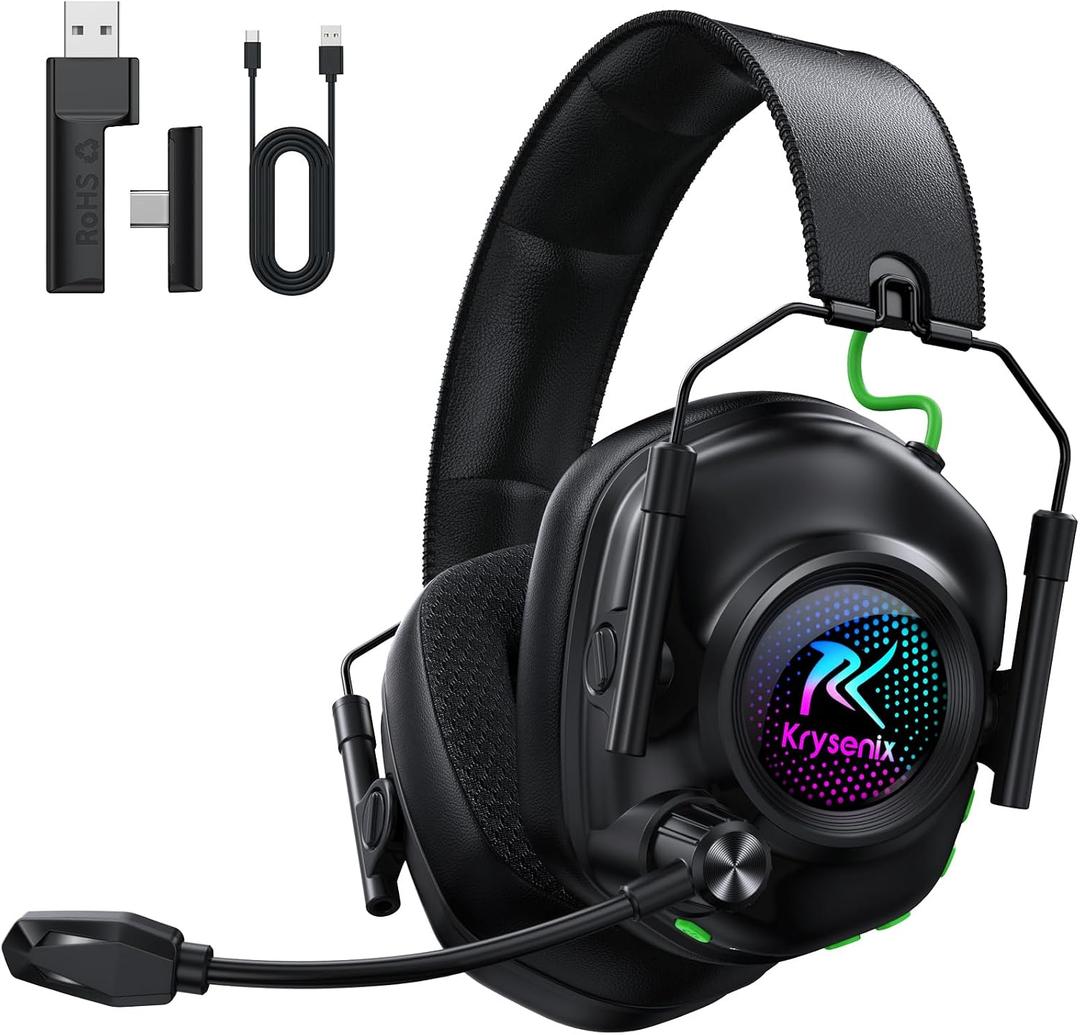 Krysenix 2.4 GHz Wireless Gaming Headset for PC, PS5, PS4, Switch, Mac, Bluetooth 5.4 Gaming Headphones with Noise Canceling Microphone, Cool RGB Lighting, 50Hr Battery, Foldable, 50mm Drivers-Black