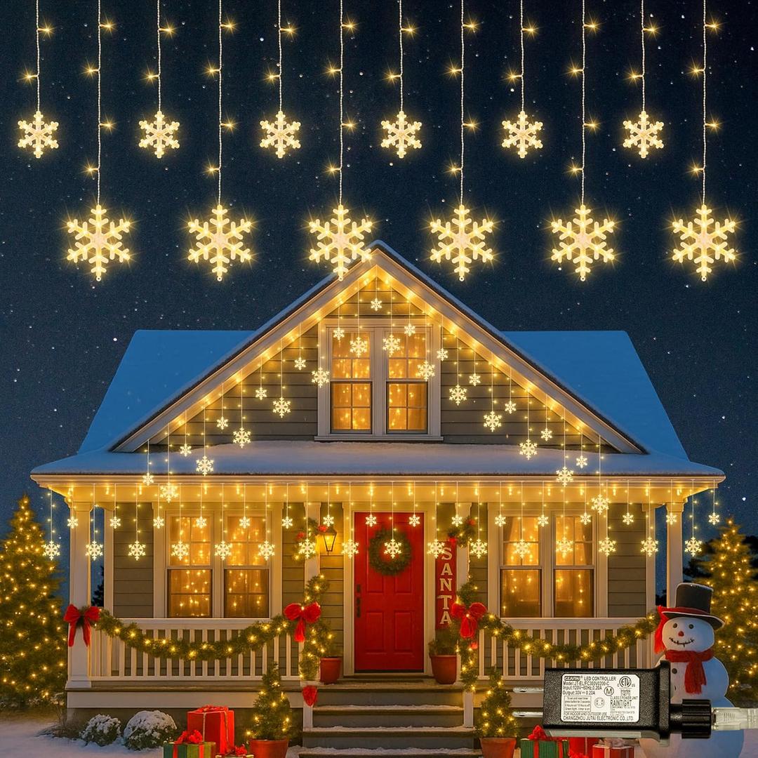 Christmas Snowflake Lights,6.5ft 144LED Window Icicle Lights with 12 Drops,8 Modes Timer Connectable Curtain Light Plug in for Bedroom,Eaves,Wedding,Indoor Outdoor Xmas Decor,Warm White