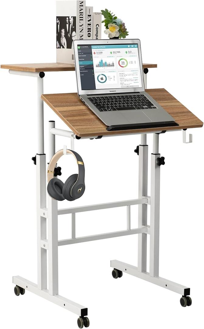 SIDUCAL Small Standing Desk, Portable Stand Up Desk, Height Adjustable Mobile Standing Table Converter with Wheels Computer Workstations, Rolling Laptop Cart for Stand or Sit, Vintage Oak, Standard