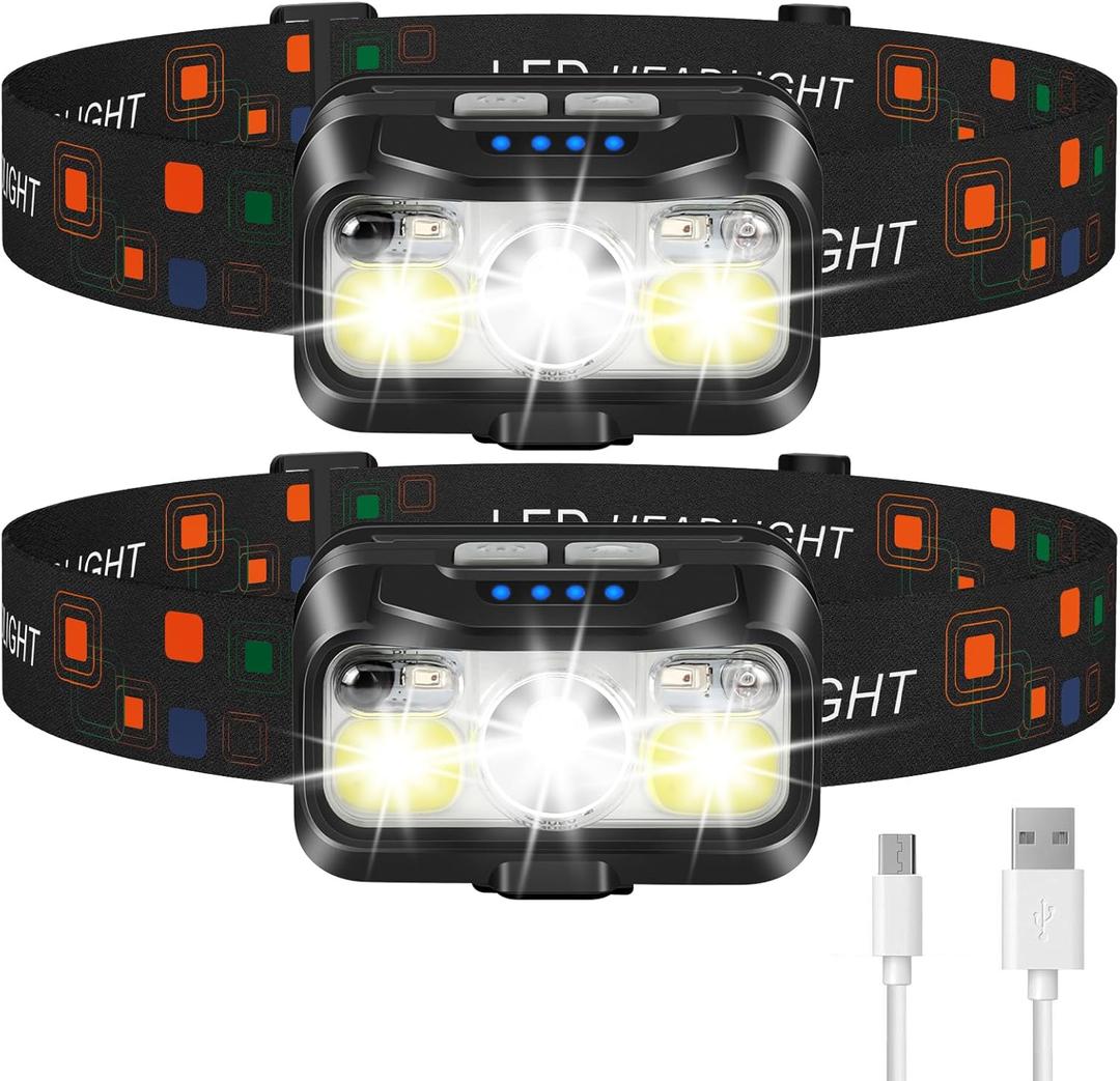 LHKNL Headlamp Rechargeable, Lumen Super Bright Motion Sensor Head Lamp Flashlight, 2-Pack Waterproof LED Headlight with White Red Light, 8 Modes Head Lights for Camping Cycling Running Fishing (Black)